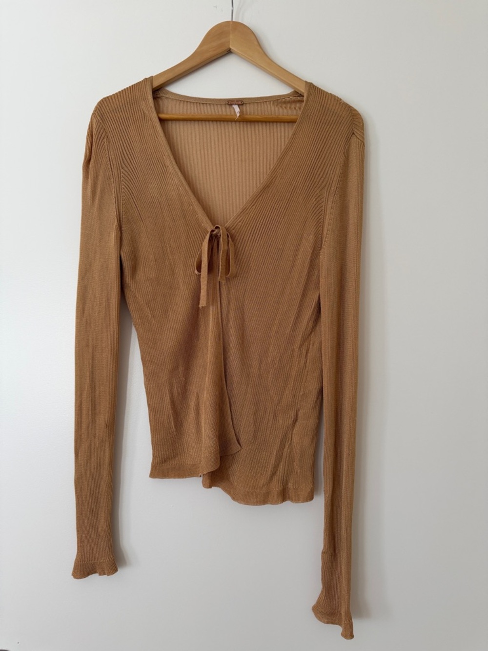 Free People Tie-Front Ribbed Long Sleeve Top Semi Sheer Tan Large Metallic
